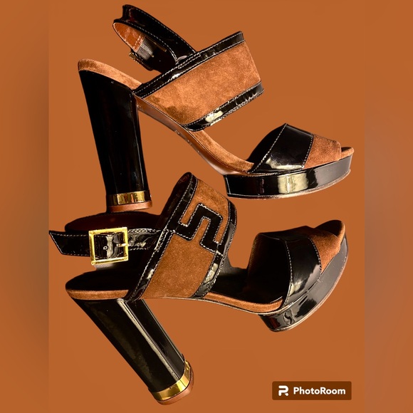 Tory Burch Leather Platform Heels EUC black & brown Sz 7.5M - Picture 1 of 12